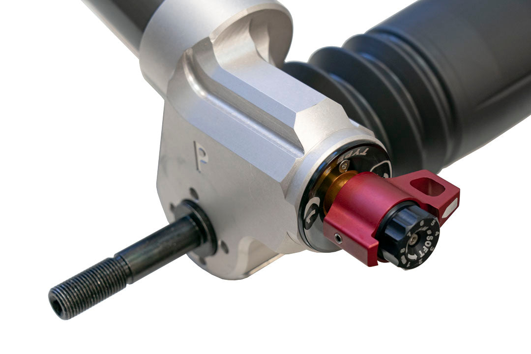 Close-up of the Falcon 3.3 Fast Adjust Inverted Rally Strut for Sprinter 4x4 and AWD, highlighting precision engineering and robust design by Van Compass.