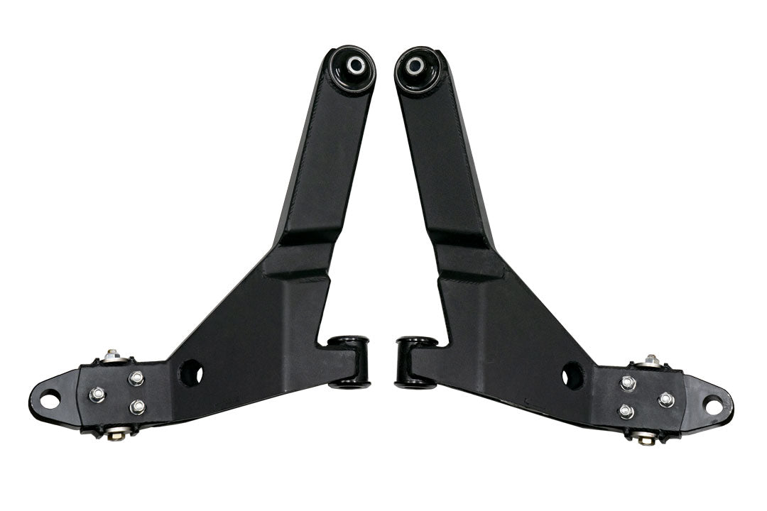 Adjustable high clearance lower control arm for Ford Transit featuring black metal arms with cam bolts and pinch bolts for easy camber adjustment and enhanced suspension performance.