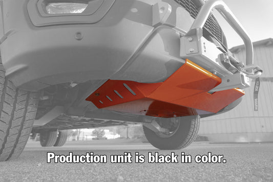 Close-up of the VAN COMPASS INTERCOOLER SKID PLATE, 4105 HD Winch Mount Specific, showing its sturdy, black-textured finish and protective design for Ford Transit (2015+).