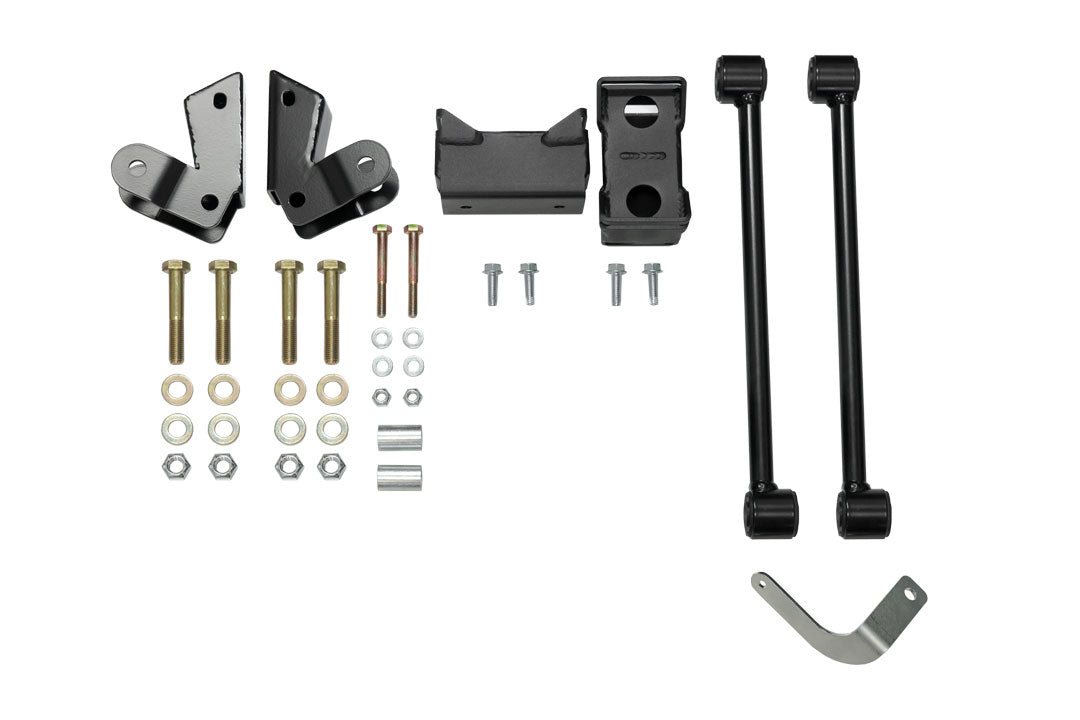 STAGE 6.3 SYSTEM, 2 LIFT - SPRINTER 4X4 (2019-2022 2500 ONLY) by VAN COMPASS, showing metal parts, screws, and adjustable shocks for vehicle suspension enhancement.