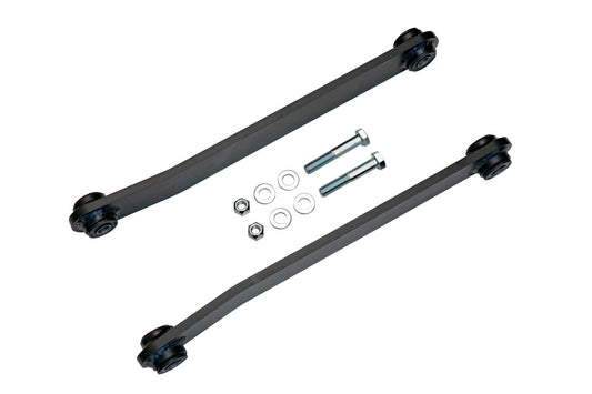 Extended rear sway bar links for Transit 2015+ by Van Compass, featuring black metal rods with bolts and nuts for maintaining sway bar geometry when lifting a van.