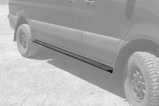 Side view of a black truck fitted with Van Compass Rocker Guards for 144 wheelbase Sprinter, highlighting enhanced body protection and accessible step.