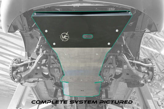 ENGINE SKID PLATE - SPRINTER AWD (2023+ 2500) by VAN COMPASS, a black powder-coated metal plate featuring a logo, designed for off-road protection and easy installation.