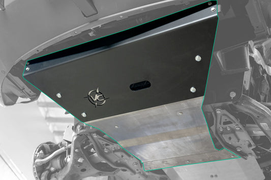 Close-up of the Van Compass Engine Skid Plate for 2023+ Sprinter AWD, showcasing the metal plate's detailed design and logo for drivetrain protection.