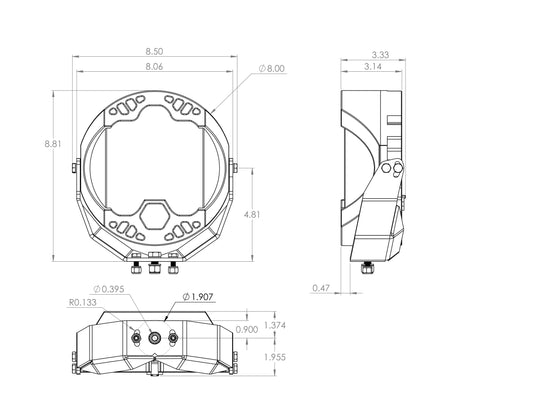 Baja Designs LP9 Pro, Driving/Combo LED light sketch showing circular design with multiple LEDs, advanced cooling, and integrated peripheral technology for wide light spread.