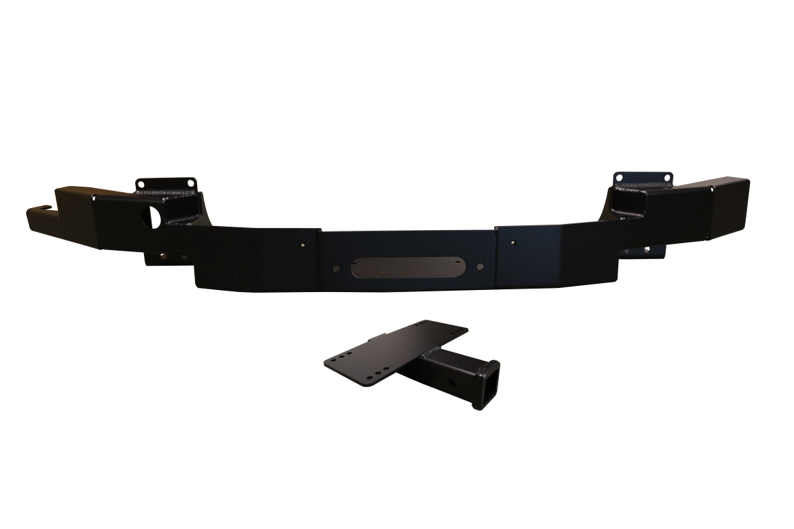 Front Winch Bumper for Sprinter (2015-2018) by Van Compass, featuring a black metal frame with holes, designed for winch mounting and recovery.