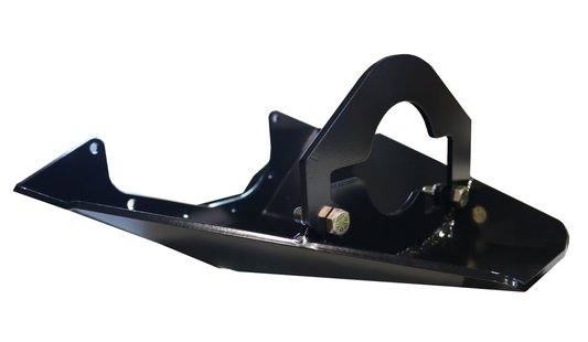 Differential Skid Plate - Transit (2015-2022) by Van Compass: a black metal piece with bolts and nuts designed to protect the rear differential from damage.