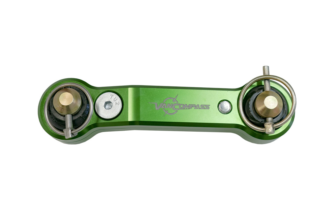 Front sway bar disconnect for Sprinter AWD & 4x4, features two screws and a billet aluminum link, enhancing off-road suspension and wheel articulation.