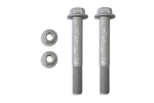 Two galvanized steel bolts with hexagonal heads and threaded ends, accompanied by two matching hexagonal nuts, all placed against a white backgrounD.