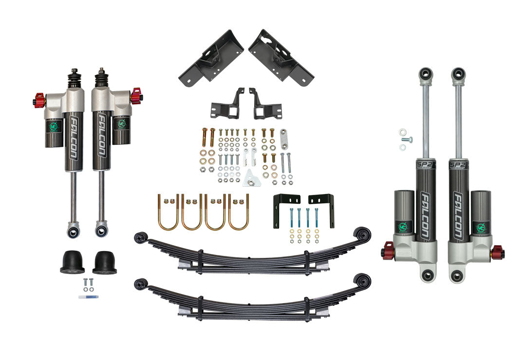 STAGE 4.3 DUALLY SYSTEM - SPRINTER AWD, 4X4 (2015-PRESENT 3500) by VAN COMPASS showing adjustable shocks, leaf springs, and various vehicle parts for improved ride stability and control.