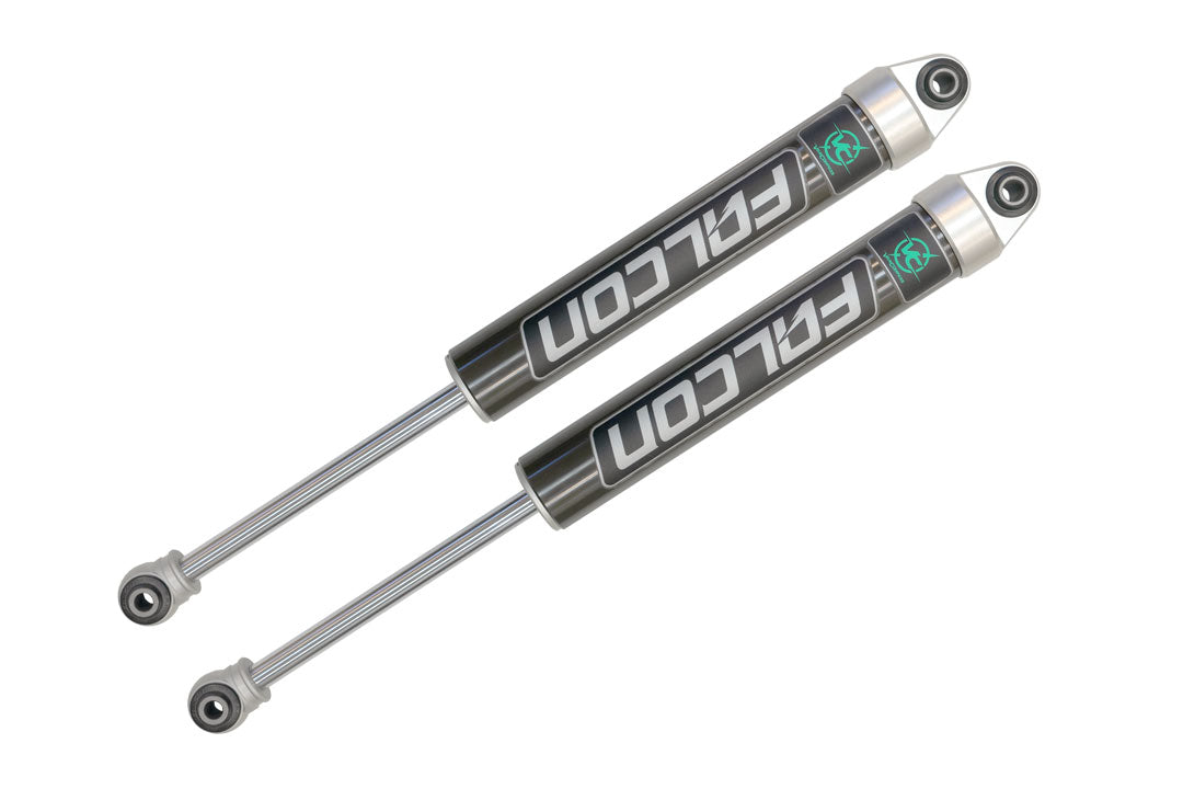 Pair of Falcon 2.1 Monotube Rear Shocks for Sprinter 4x4 (2019+ 2500 or 3500) with visible Falcon logo and black and silver design.