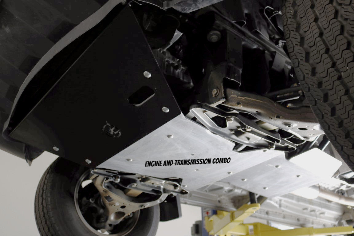 Close-up of the Van Compass Transmission and Transfer Case Skid Plate for Sprinter 4x4 (2015-2022), highlighting its robust, smooth aluminum surface designed for off-road protection.