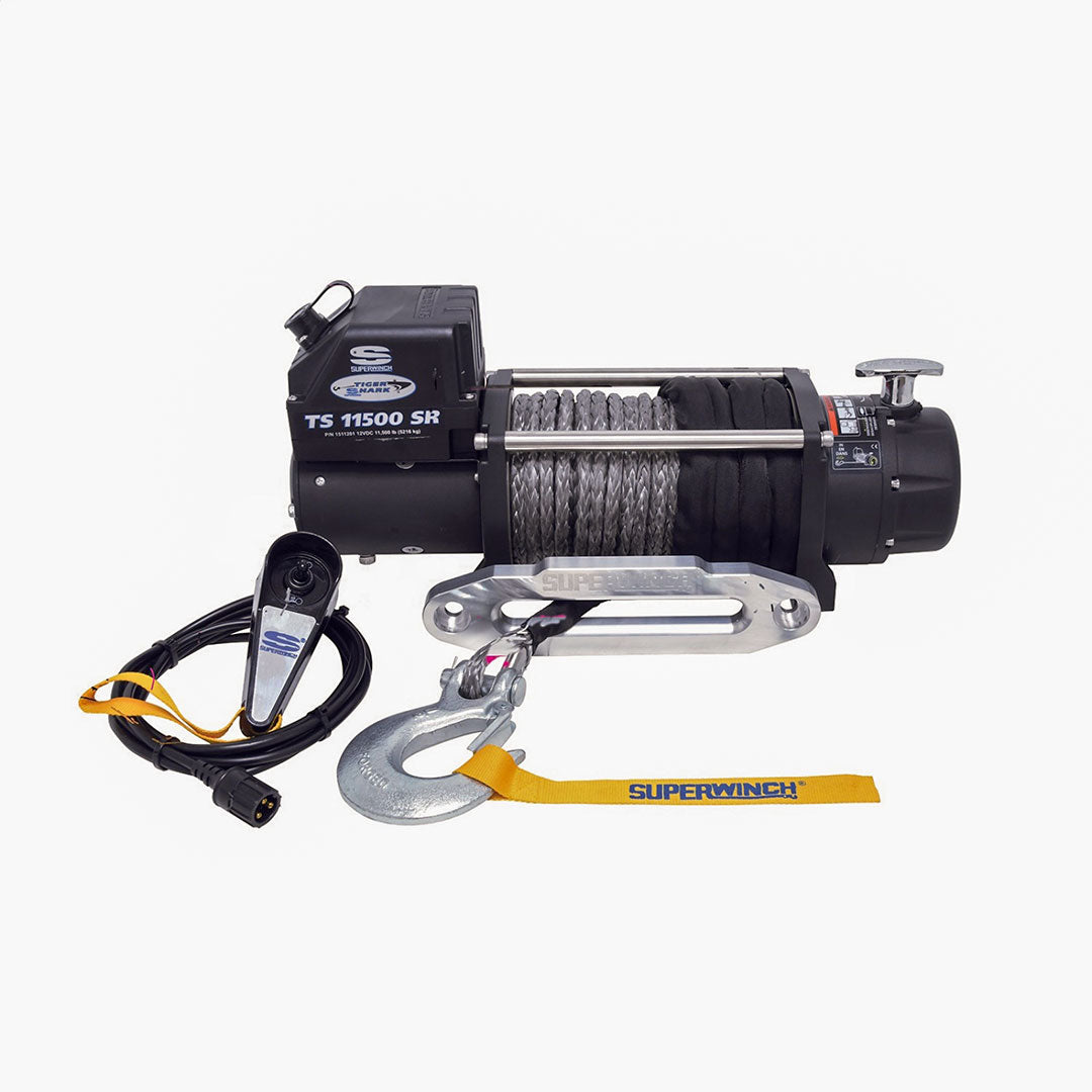 Superwinch Tiger Shark 11500SR winch, featuring a cable with a hook, compact form, and durable stainless steel parts for high-performance winching.